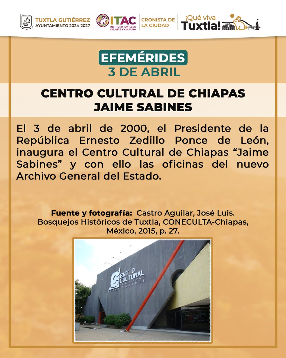 ITACTuxtlaGtz's tweet image. #Efeméride 3 de abril: Centro Cultural de Chiapas Jaime Sabines.

#ITAC #ViveTuCultura #SomosITAC