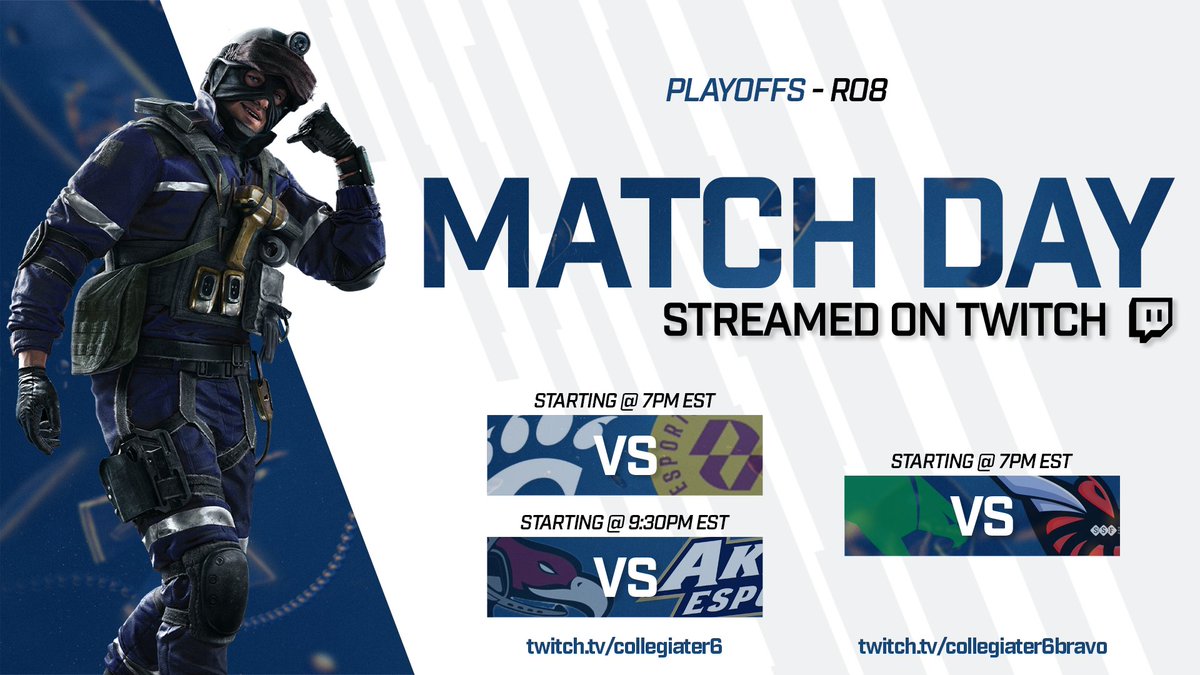 CollegiateR6 (@collegiater6) on Twitter photo 🚨PLAYOFFS - QUARTER FINALS 🚨
🗣️WE'RE GETTING CLOSE FOLKS! Catch us live tonight starting at 7PM EST to watch these teams battle it out for a spot closer to Grand Finals! ⚔️
A Stream: <a href="/UCEsportsClub/">UC Esports Club</a> vs <a href="/ArizonaStateR6/">Arizona State R6</a> , rolling straight into <a href="/CUeSports21/">Cumberland University Esports</a> vs <a href="/ZipsEsports/">Akron Esports</a>
B 🚨PLAYOFFS - QUARTER FINALS 🚨
🗣️WE'RE GETTING CLOSE FOLKS! Catch us live tonight starting at 7PM EST to watch these teams battle it out for a spot closer to Grand Finals! ⚔️
A Stream: <a href="/UCEsportsClub/">UC Esports Club</a> vs <a href="/ArizonaStateR6/">Arizona State R6</a> , rolling straight into <a href="/CUeSports21/">Cumberland University Esports</a> vs <a href="/ZipsEsports/">Akron Esports</a>
B