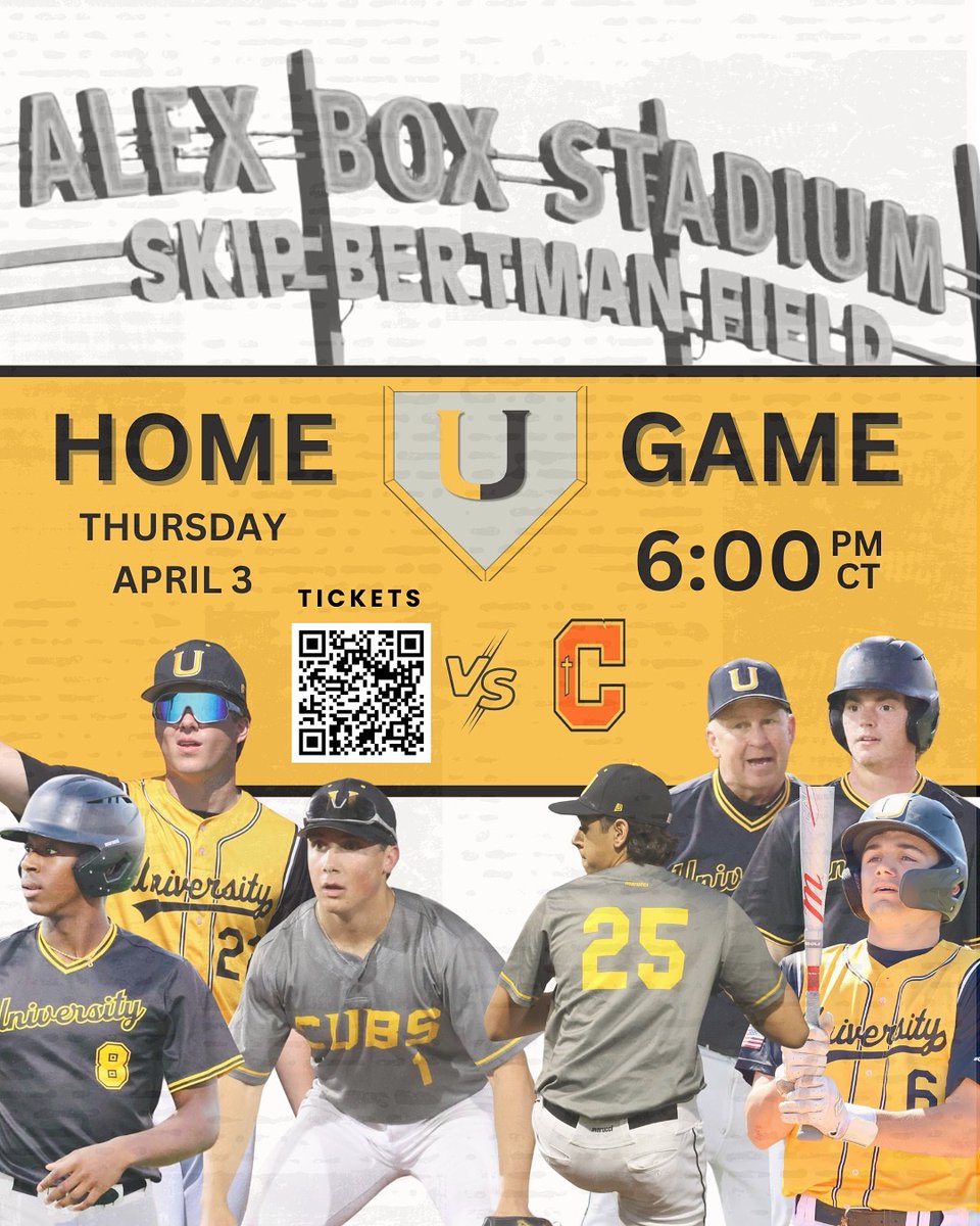 UHScubathletics's tweet photo. ⚾️ Baseball at the Box ⚾️
🎟️ Tickets are now available for the baseball game on April 3rd against Catholic High at Alex Box! Skip the lines by pre-purchasing your ticket, or grab one at the gate. Tickets available on i2tickets. 

#UHighBaseball #BaseballAtTheBox #GeauxCubs https://t.co/IBPevxBIn1