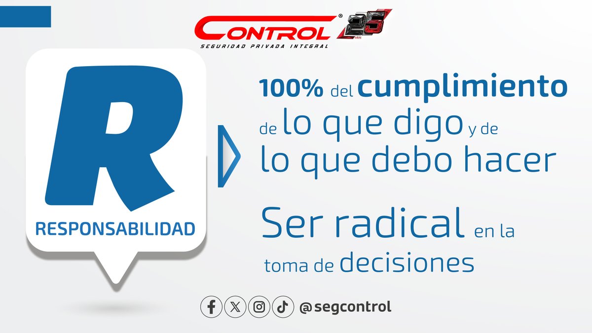 segcontrol's tweet image. 🫡👉Porque la responsabilidad es importante para alcanzar la excelencia en nuestros objetivos. Conoce la “R” de RCPU que vivimos en Control.

#Responsabilidad #YoSoyControl #25añosencontrol🎖 #GuardiasControl #GrupoControl