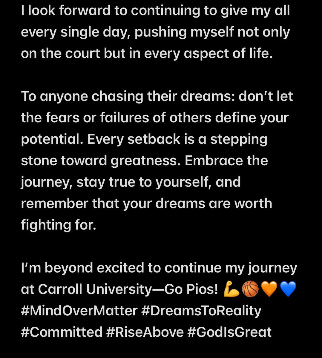 I couldn’t be more excited for this opportunity‼️ A huge thank you to Coach Jannsen and <a href="/evalsandconnect/">MIPW Basketball Scouting, LLC</a>‼️<a href="/Pio_CarrollMBB/">Carroll U Basketball</a> 🟠🔵 #GoPios #Committed #DreamsToReality