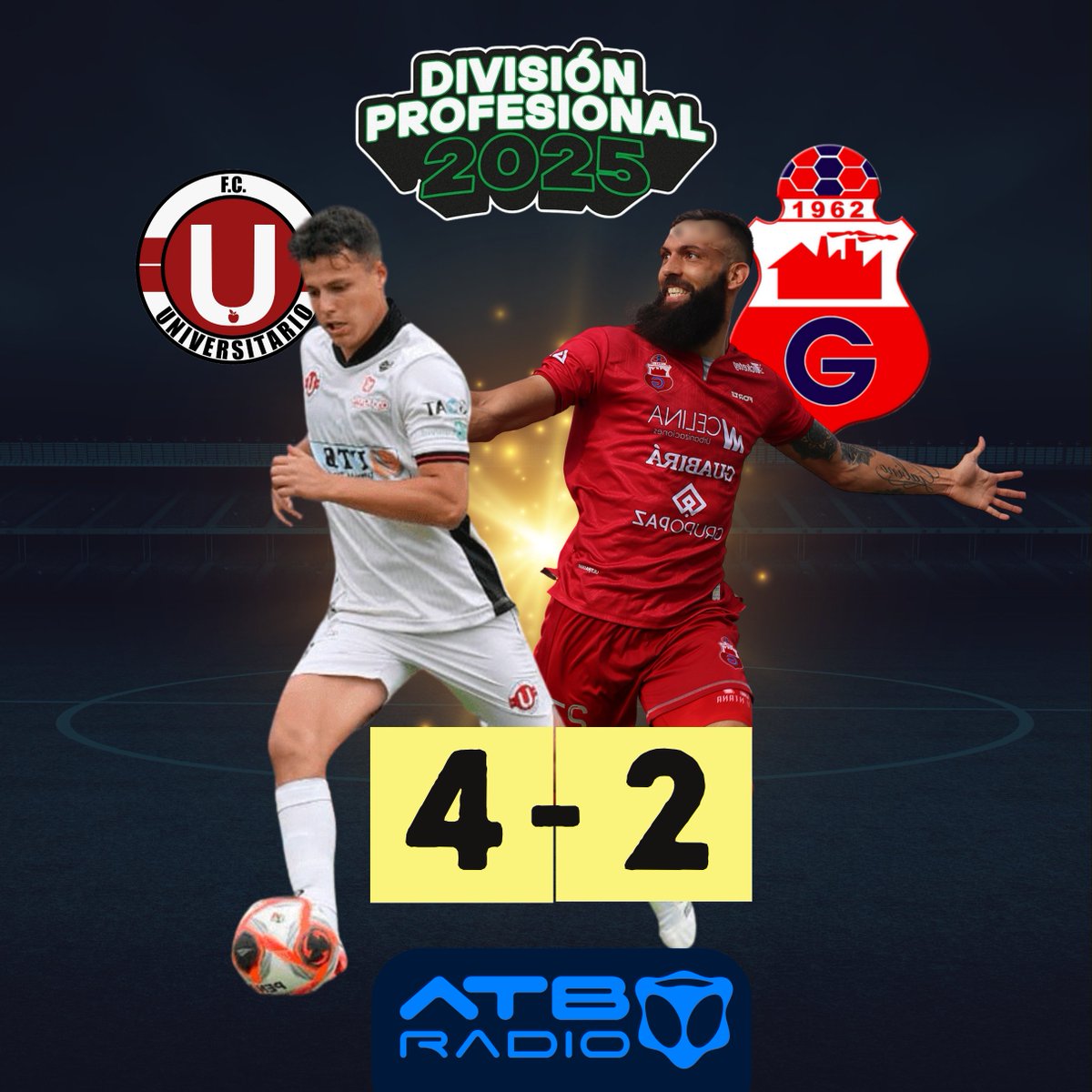 Resultados de la #DivisiónProfesional 2025 del fútbol boliviano.

U. de Vinto 4 - 2 Guabira
Nacional Potosí 0 - 1 Always Ready

#ATBRadio #alwaysready #Guabira #UdeVinto #NacionalPotosi #DivisiónProfesional2025 #fypシ゚ #parati