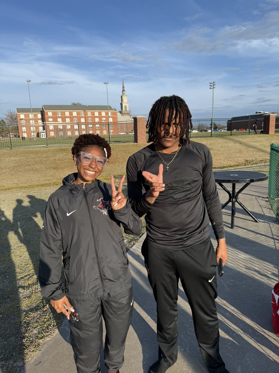 The freshman duo of Harmonie Hughes and Devin Blackwell both broke the outdoor school record in the triple jump and both finished with a meet WIN at the OBU invitational 🔥

Harmonie Jumped 11.58m (38’0)
Devin jumped 14.40m (47’2) 

Both from a short approach!