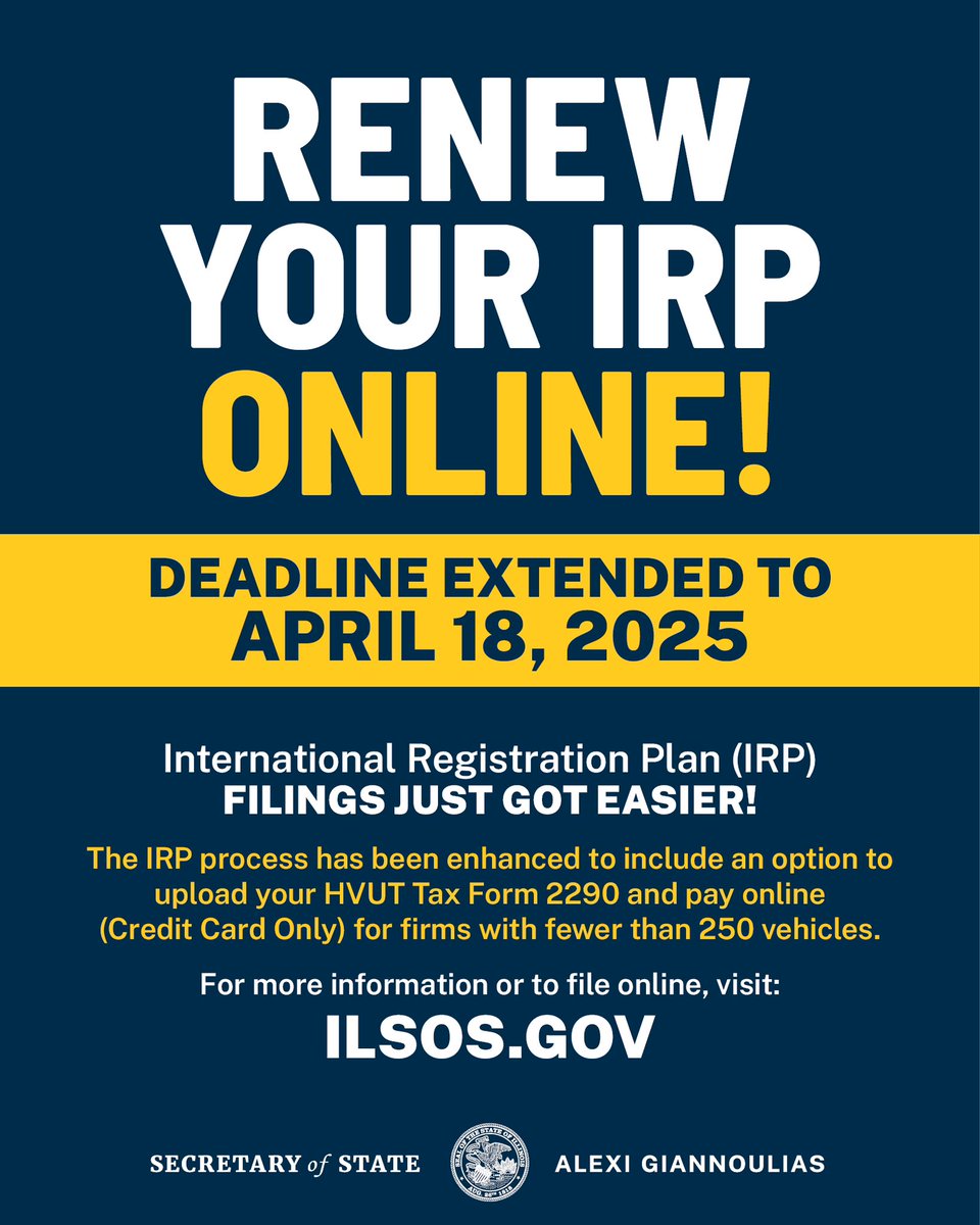 Illinois Trucking (@iltrucking) on Twitter photo 🚨‼️BREAKING NEWS! IRP Deadline extended from March 31 to April 18. ***Please Share***
The <a href="/ILSecOfState/">Secretary Alexi Giannoulias</a> has informed ITA that the IRP Renewal Deadline has officially been extended from March 31 to April 18. 🚨‼️BREAKING NEWS! IRP Deadline extended from March 31 to April 18. ***Please Share***
The <a href="/ILSecOfState/">Secretary Alexi Giannoulias</a> has informed ITA that the IRP Renewal Deadline has officially been extended from March 31 to April 18.