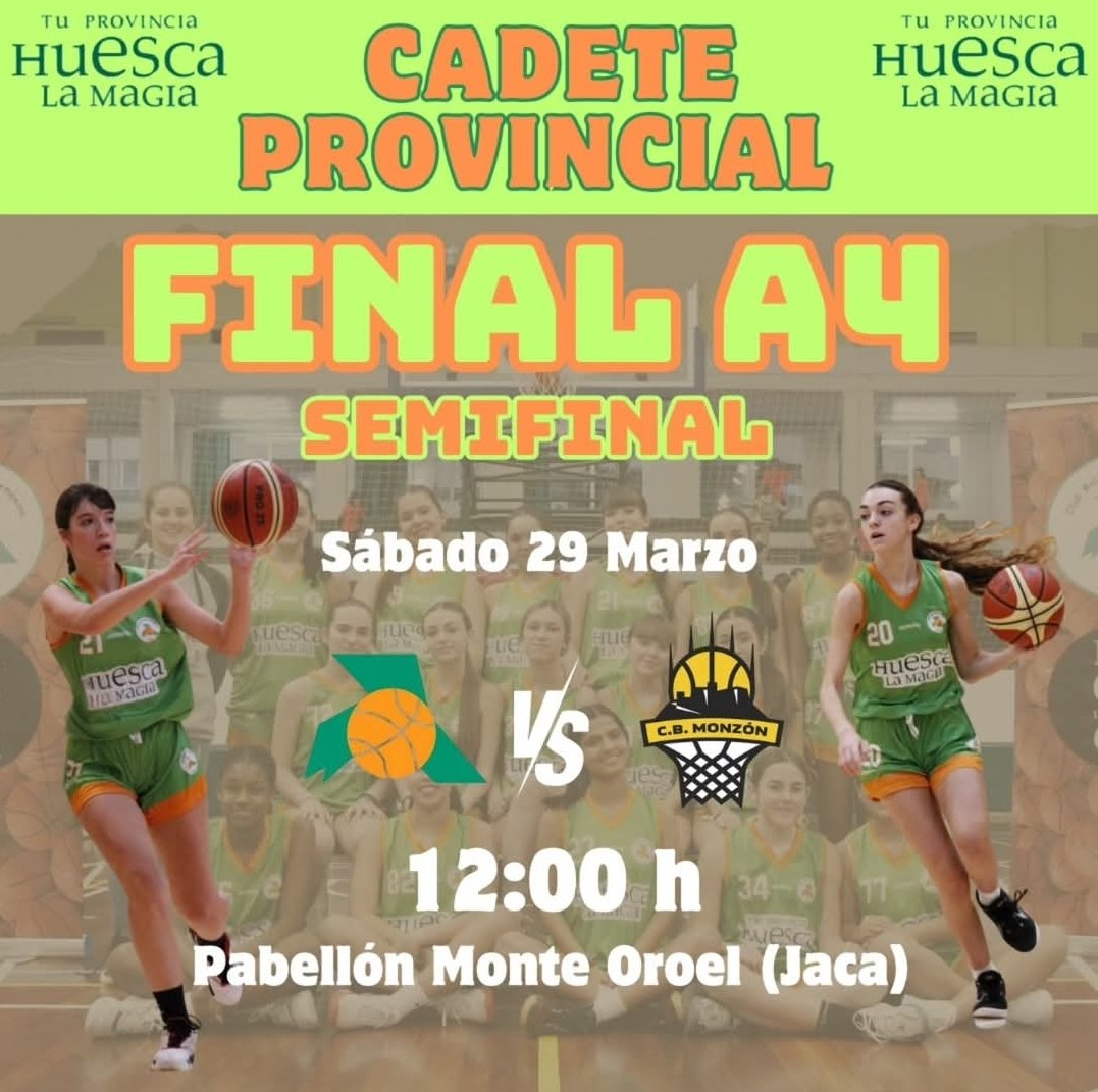 🏀 FINAL A4 CADETE 🏀

Mañana comienza la final A4 cadete en Jaca. Nuestro equipo se enfrentará a CB Monzón en semifinales y el domingo se jugará 3° y 4° o  final, dependiendo del resultado.

Muchas suerte chicas!! 💪
#tuprovinciahuescalamagia
#baloncestogemenino
#finalA4