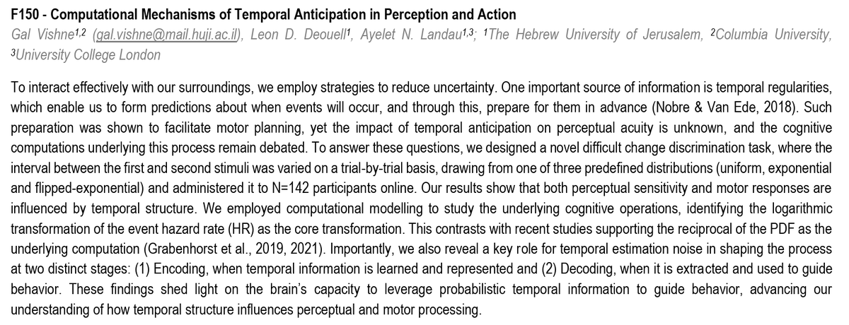 Gal Vishne @neurogal.bsky.social (@neuro_gal) on Twitter photo At <a href="/CNSmtg/">CNS 2025 Annual Meeting</a>? Come to my poster on Tuesday morning!
F150: 'Computational Mechanisms of Temporal Anticipation in Perception and Action' ⏰👁️🖐️
My last PhD study w <a href="/Deouell/">Leon Deouell</a> and <a href="/AyeletLandau/">Ayelet Landau 🟣 @ayeletlandau.bsky.social</a> 💔
Stay tuned for a full thread once the MS is approved by biorxiv... At <a href="/CNSmtg/">CNS 2025 Annual Meeting</a>? Come to my poster on Tuesday morning!
F150: 'Computational Mechanisms of Temporal Anticipation in Perception and Action' ⏰👁️🖐️
My last PhD study w <a href="/Deouell/">Leon Deouell</a> and <a href="/AyeletLandau/">Ayelet Landau 🟣 @ayeletlandau.bsky.social</a> 💔
Stay tuned for a full thread once the MS is approved by biorxiv...