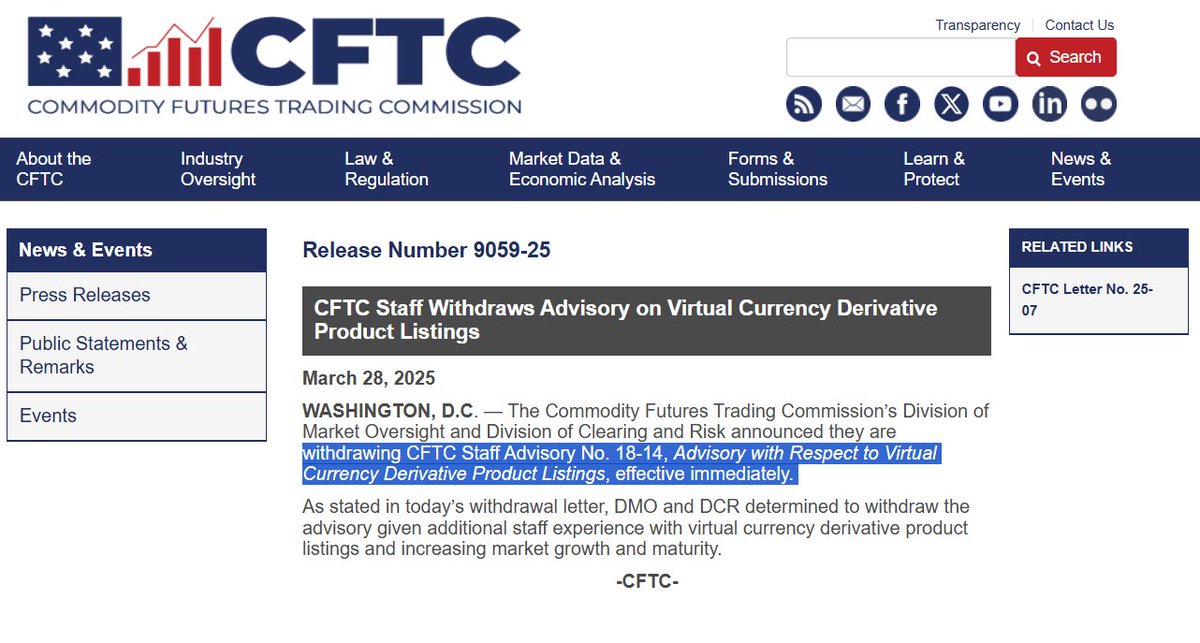 OH MAMA!  The CFTC just withdrew its Staff Advisory No. 23-07 and No. 18-14 which will now ALLOW Crypto Digital Asset DERIVATIVES and CLEARING --> and to be treated as equally.

EFFECTIVE IMMEDIATELY 🔥🥂
