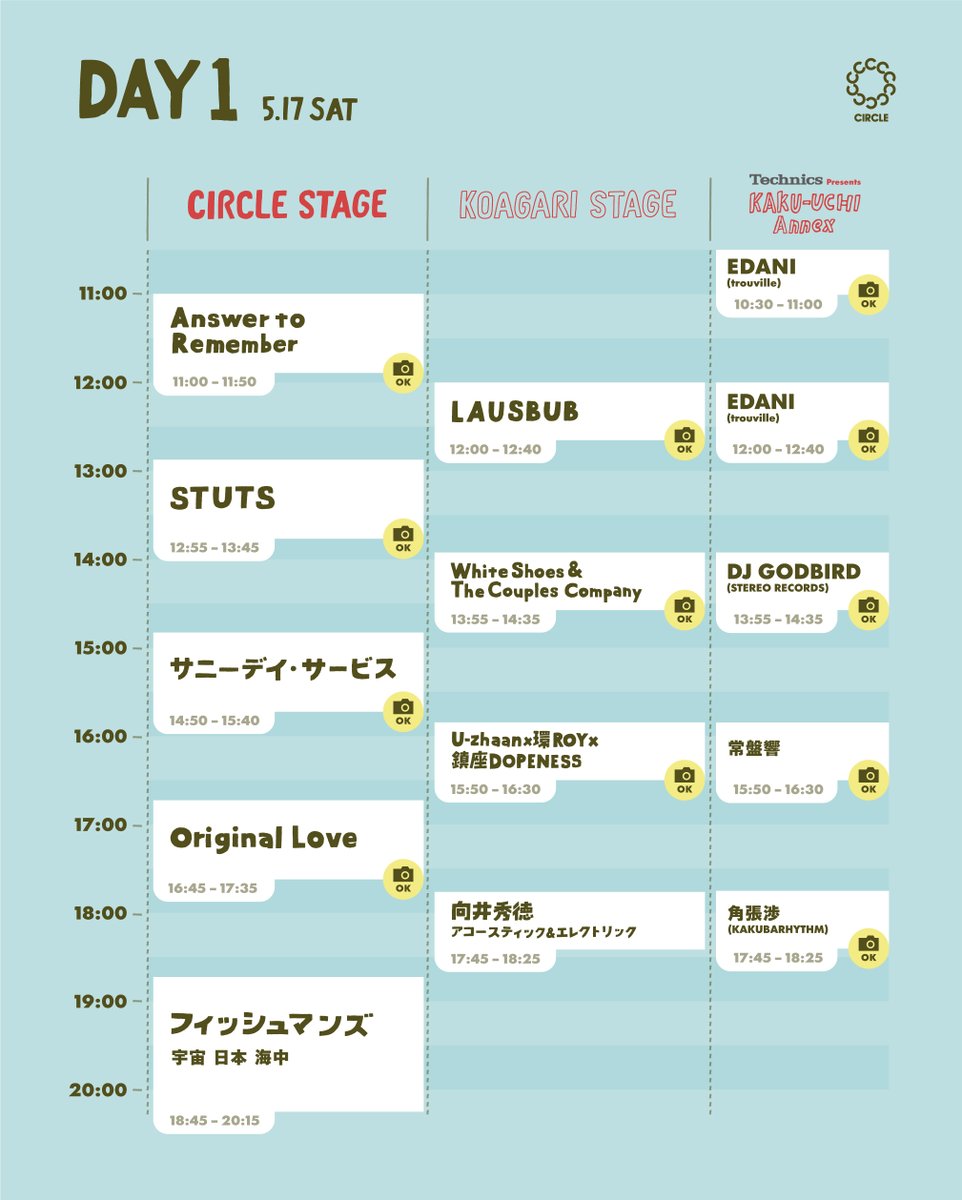 CIRCLE_FUKUOKA's tweet photo. こんにちは！
CIRCLE ’25 タイムテーブル発表です！
各日のトリは フィッシュマンズ！UA！
今年はトリの出演時間枠を拡大し、たっぷり90分の特別編成でお送りします！
https://t.co/IWb80u5CES
#CIRCLE25
↓つづく https://t.co/3gPbZNG8hU