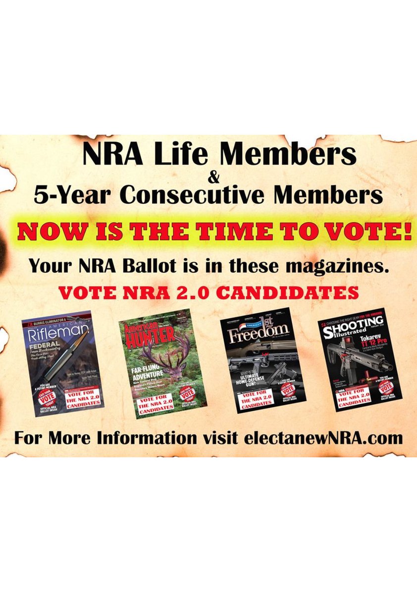WillesLee's tweet photo. Your February NRA magazine. Final week.
VOTE.
https://t.co/1PPDeHdVEl to #fixNRA.
#voterinfo #erasecabal https://t.co/ZwPf4RYFib