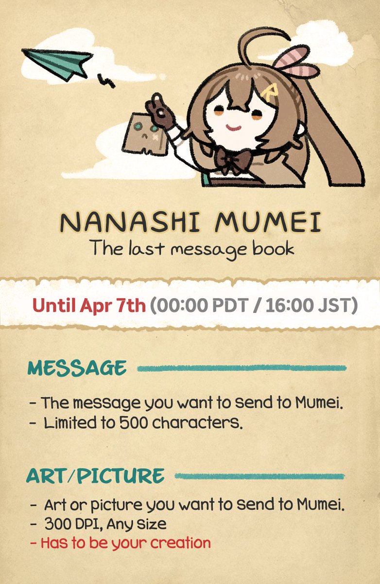 🦉🤎

We are making the last message book to Mumei.
A physical book will be made and sent to her. 

If you have any message or arts/photos you want to send to Mumei, 
 Please feel free to take part for our owl.

[🪶SUBMISSION FORM : forms.gle/wUDWtJr9QbieyP…]