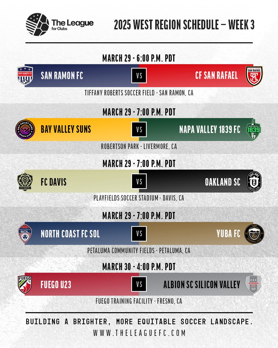 The League For Clubs (@theleague_fc) on Twitter photo Another weekend full of action in the NorCal Conference!
<a href="/SanRamonFC/">San Ramon FC ⚽️</a> <a href="/NapaValley1839/">Napa Valley 1839 FC</a> <a href="/FCDavisLions/">FC Davis</a> <a href="/Oakland_SC/">Oakland Soccer Club</a> <a href="/SonomaCountySol/">Sonoma County Sol FC</a> <a href="/Yuba_FC/">YubaFootballClub</a> <a href="/fuego_futbol/">Fuego FC</a> <a href="/AlbionSV/">ALBION SC SILICON VALLEY</a> Another weekend full of action in the NorCal Conference!
<a href="/SanRamonFC/">San Ramon FC ⚽️</a> <a href="/NapaValley1839/">Napa Valley 1839 FC</a> <a href="/FCDavisLions/">FC Davis</a> <a href="/Oakland_SC/">Oakland Soccer Club</a> <a href="/SonomaCountySol/">Sonoma County Sol FC</a> <a href="/Yuba_FC/">YubaFootballClub</a> <a href="/fuego_futbol/">Fuego FC</a> <a href="/AlbionSV/">ALBION SC SILICON VALLEY</a>