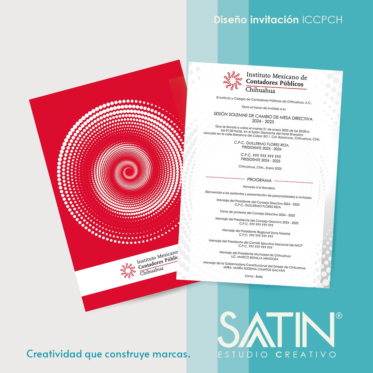 Cada evento importante merece una invitación a la altura, como la invitación de la Toma de Protesta del ICCPCH 2025.

🎨 Diseño formal y distinguido
📜 Tipografía y colores 

Pregunta por nuestros servicios 📲 614 138 9380

#satinestudiocreativo #branding360 #disenografico
