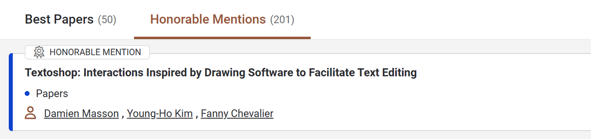 So happy to share our #AACessTalk, a co-work of #KAIST, Daegu Univ, &amp; #NAVER_AI_Lab, got #Best_Paper_Award at #CHI2025 !! 
#Textoshop, a co-work of  U of  Toronto and NAVER AI Lab also got honorable mention award!
 
Big congrats to all authors!
programs.sigchi.org/chi/2025/award…