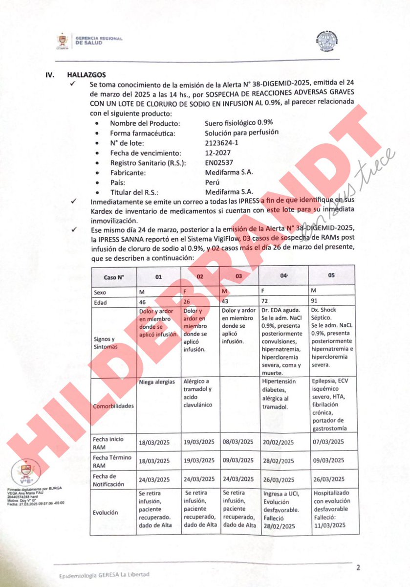 Un documento interno de la Gerencia Regional de Salud de La Libertad revela que dos víctimas mortales del suero de Medifarma fallecieron el 28 de febrero y el 11 de marzo. Uno de ellos estuvo 8 días internado en coma. La clínica Sanna del Grupo Credicorp recién reportó los hechos