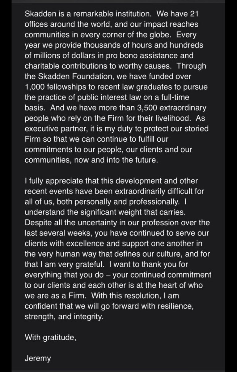 NEW: I obtained a copy of the email that Skadden executive partner Jeremy London sent to employees of the law firm earlier today. 

The email details the “agreement” Skadden reached with Trump to avoid being targeted by an executive order.