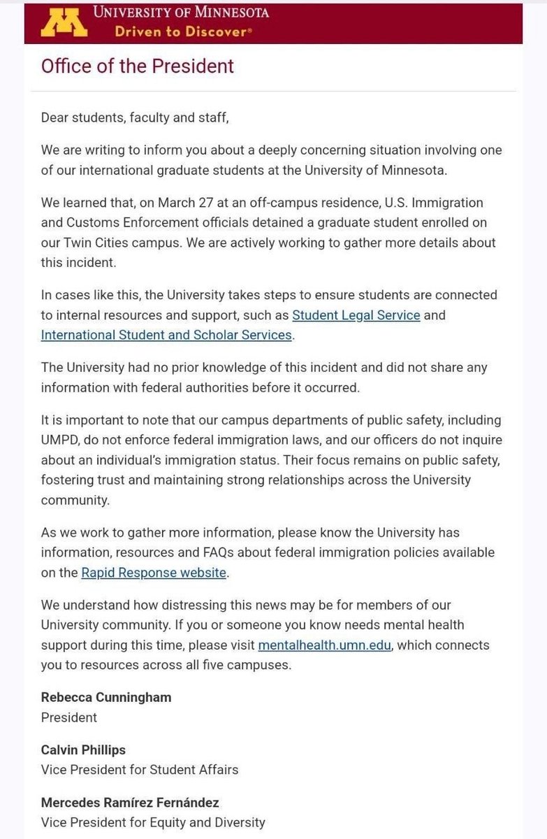 doronclark's tweet photo. I am saddened and angered that ICE is operating around the University of Minnesota. Our campuses should be a safe place for all students, staff, and visitors. I am monitoring the situation closely, and encourage you to stay vigilant and well-informed. https://t.co/mtosSpZ8iT