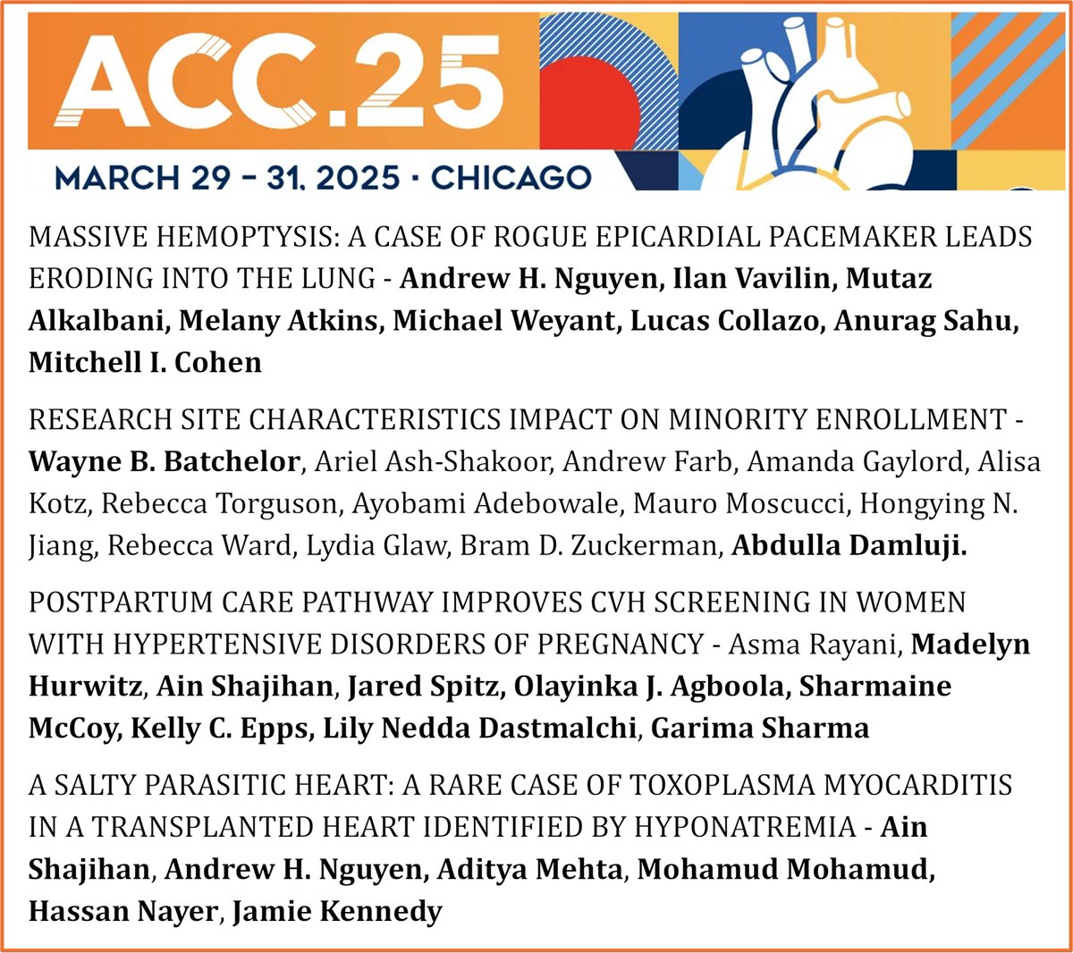 Inova Schar Heart and Vascular (@ishvnews) on Twitter photo The <a href="/ISHVnews/">Inova Schar Heart and Vascular</a> team shines at #ACC25
Saturday highlights
<a href="/ShashankSinhaMD/">Shashank Sinha, MD, MSc, FACC, FAHA, FHFSA</a>
· Co-chair Elvis’s Heartbreak Hotel: Critical Issues in Managing Cardiogenic Shock
· Teams – Cross the bridge together: Transplant, MCS or Recovery?
Posters below
<a href="/ACCinTouch/">American College of Cardiology</a> <a href="/coconnormd/">Christopher O'Connor</a> The <a href="/ISHVnews/">Inova Schar Heart and Vascular</a> team shines at #ACC25
Saturday highlights
<a href="/ShashankSinhaMD/">Shashank Sinha, MD, MSc, FACC, FAHA, FHFSA</a>
· Co-chair Elvis’s Heartbreak Hotel: Critical Issues in Managing Cardiogenic Shock
· Teams – Cross the bridge together: Transplant, MCS or Recovery?
Posters below
<a href="/ACCinTouch/">American College of Cardiology</a> <a href="/coconnormd/">Christopher O'Connor</a>