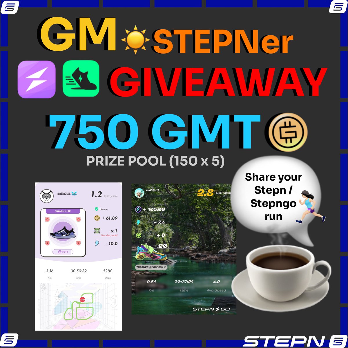 GM🌞STEPNer💰GIVEAWAY🎁

🎁750 GMT prize pool (150x5)

☕️So grateful to have #STEPNGO / #STEPN to start the day🏃‍♀️🏃‍♂️
Are you like me?!😌🙏

1️⃣ Follow <a href="/KeL_1015/">Kelly《daD3viL😈 》</a> + <a href="/Stepnofficial/">STEPN GO</a>
2️⃣ ❤️ Like + 🔁 Repost
3️⃣ 👥 Tag 2 friends
4️⃣💬Share a screenshot of your STEPN / STEPNGO run☀️☔️

🌎All