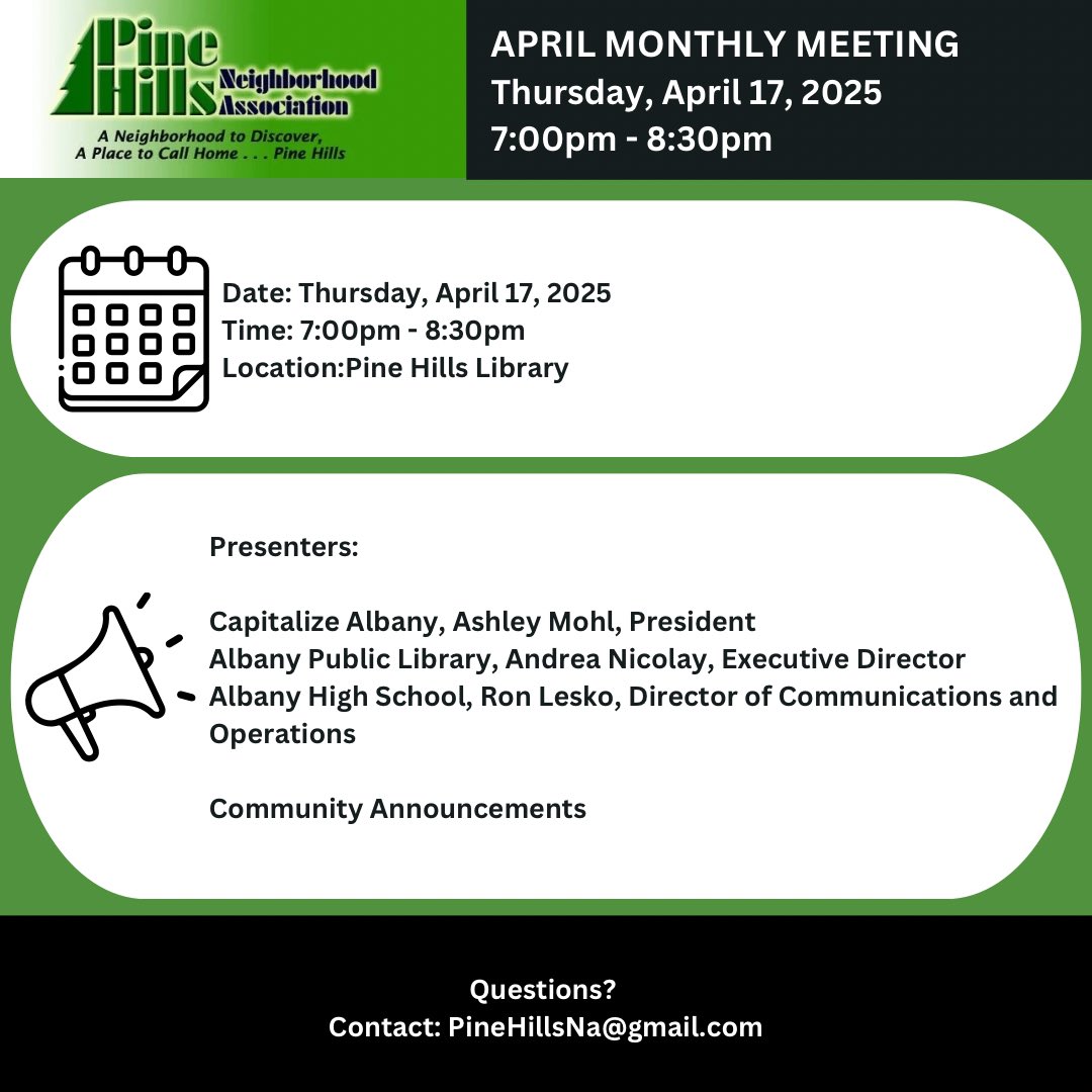 Mark your calendars! Our April Monthly meeting is scheduled for April 17, 2025, at the Pine Hills Library from 7:00pm - 8:30pm. Join us to learn about available grants and programs from Capitalize Albany and get informed about the upcoming school and library local election!