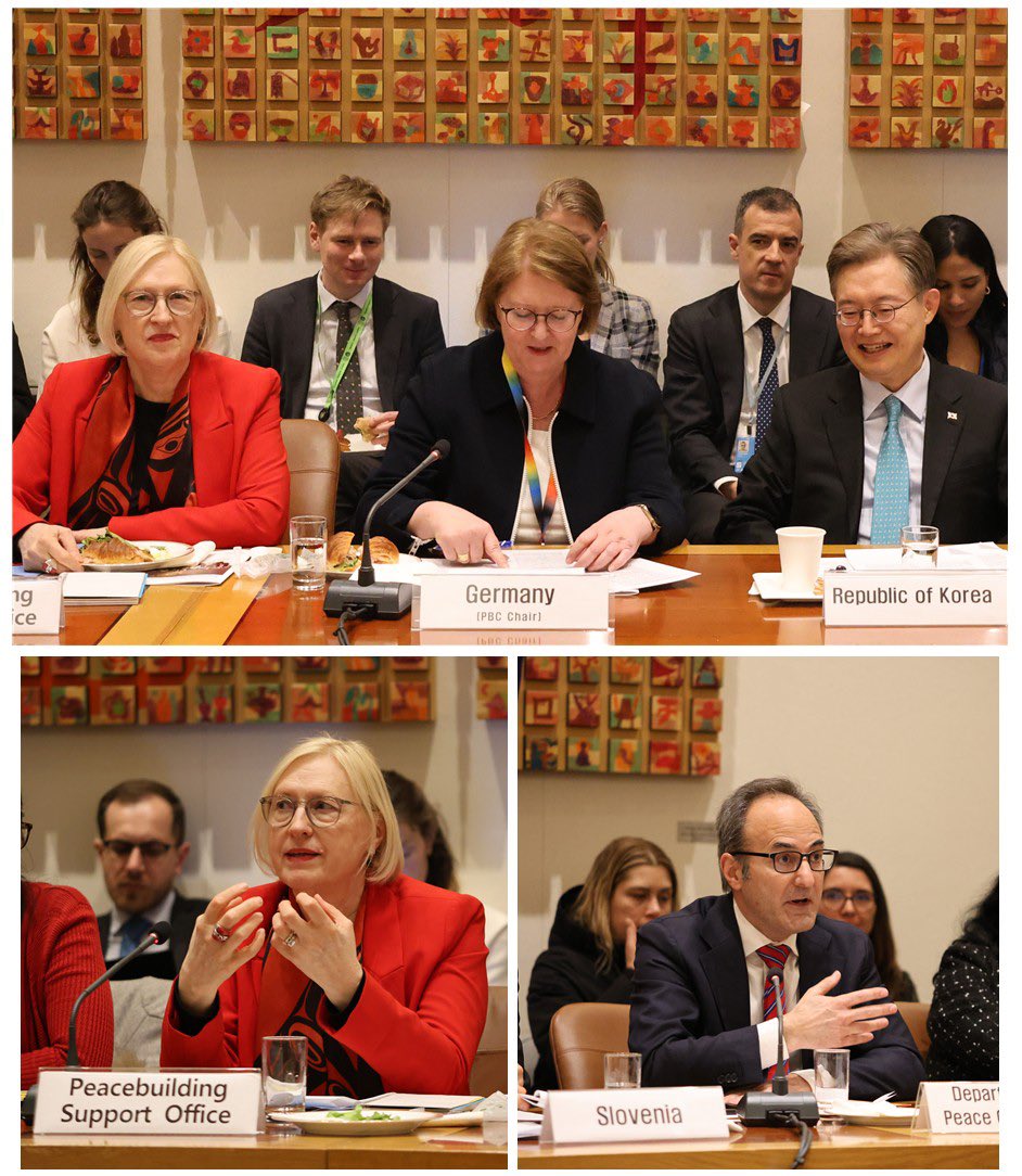 ROK_Mission's tweet photo. #PBC #UNSC
(Informal Dialogue on Strengthening PBC-UNSC Relationship, 2025.03.27.)

As this year’s informal coordinator between the Peacebuilding Commission (PBC) and the Security Council, the Permanent Mission of the Republic of Korea hosted an Informal Dialogue on strengthening the PBC–Security Council relationship.

The meeting featured remarks by Amb. Joonkook Hwang 🇰🇷, Amb. Antje Leendertse 🇩🇪, ASG Elizabeth Spehar @UNPeacebuilding, Director David Haeri @UNPeacekeeping, and Ms. Katerina Limenopoulou @SCRtweets, who presented key findings from SCR's recent report, "The Peacebuilding Commission at 20."

Participants exchanged ideas in a discussion moderated by Ms. Shamala Thompson (SCR), and the dialogue concluded with remarks by PBAR co-facilitators Amb. Osama Khalek 🇪🇬 and Amb. Samuel Žbogar 🇸🇮.