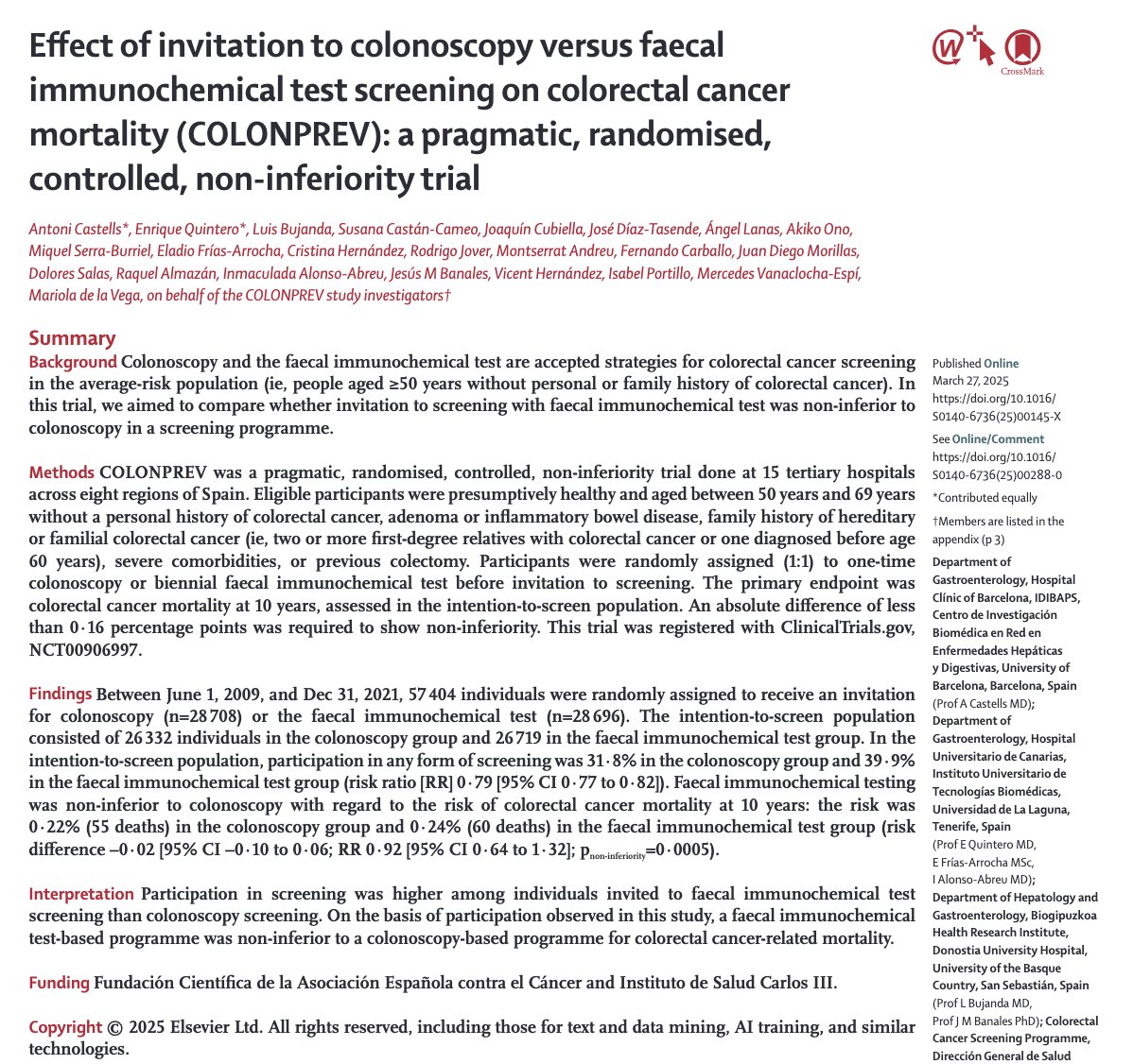 Ramon Bataller (@rabataller) on Twitter photo Very important study just released in <a href="/TheLancet/">The Lancet</a>:
Fecal immunochemical test is as good as colonoscopy to prevent colon cancer-related mortality.
This can change colon cancer screening estrategies.
t.ly/y2h4M Very important study just released in <a href="/TheLancet/">The Lancet</a>:
Fecal immunochemical test is as good as colonoscopy to prevent colon cancer-related mortality.
This can change colon cancer screening estrategies.
t.ly/y2h4M