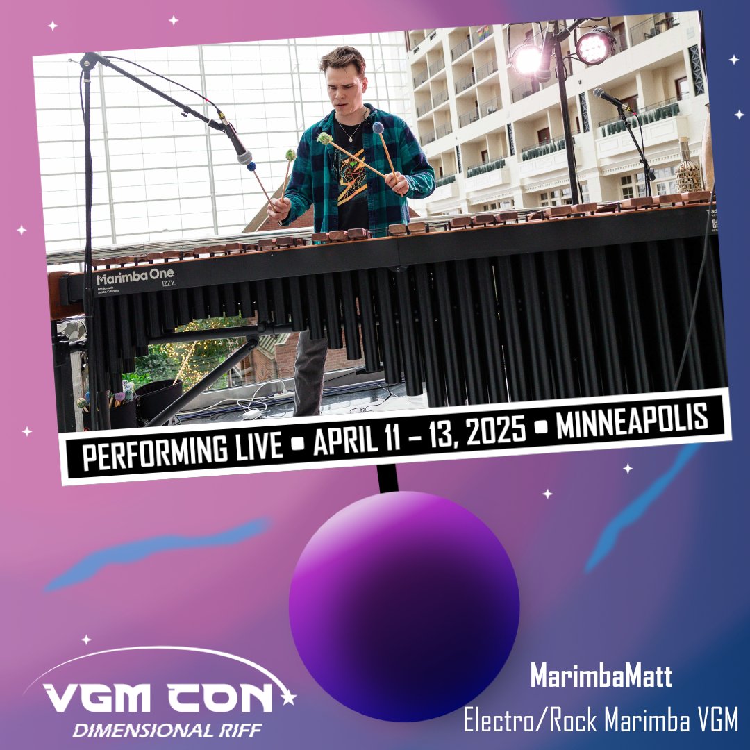 VGMCon's tweet image. Have you ever wondered what some of your favorite VGM tracks would sound like on the marimba? Well, with the help of the Dimensional Riff🌌 MarimbaMatt will take you to another universe🚀 where all VGM features marimba in an Electro/Rock style🤘 VGM CON, April 11-13, 2025, MN📍🗺️