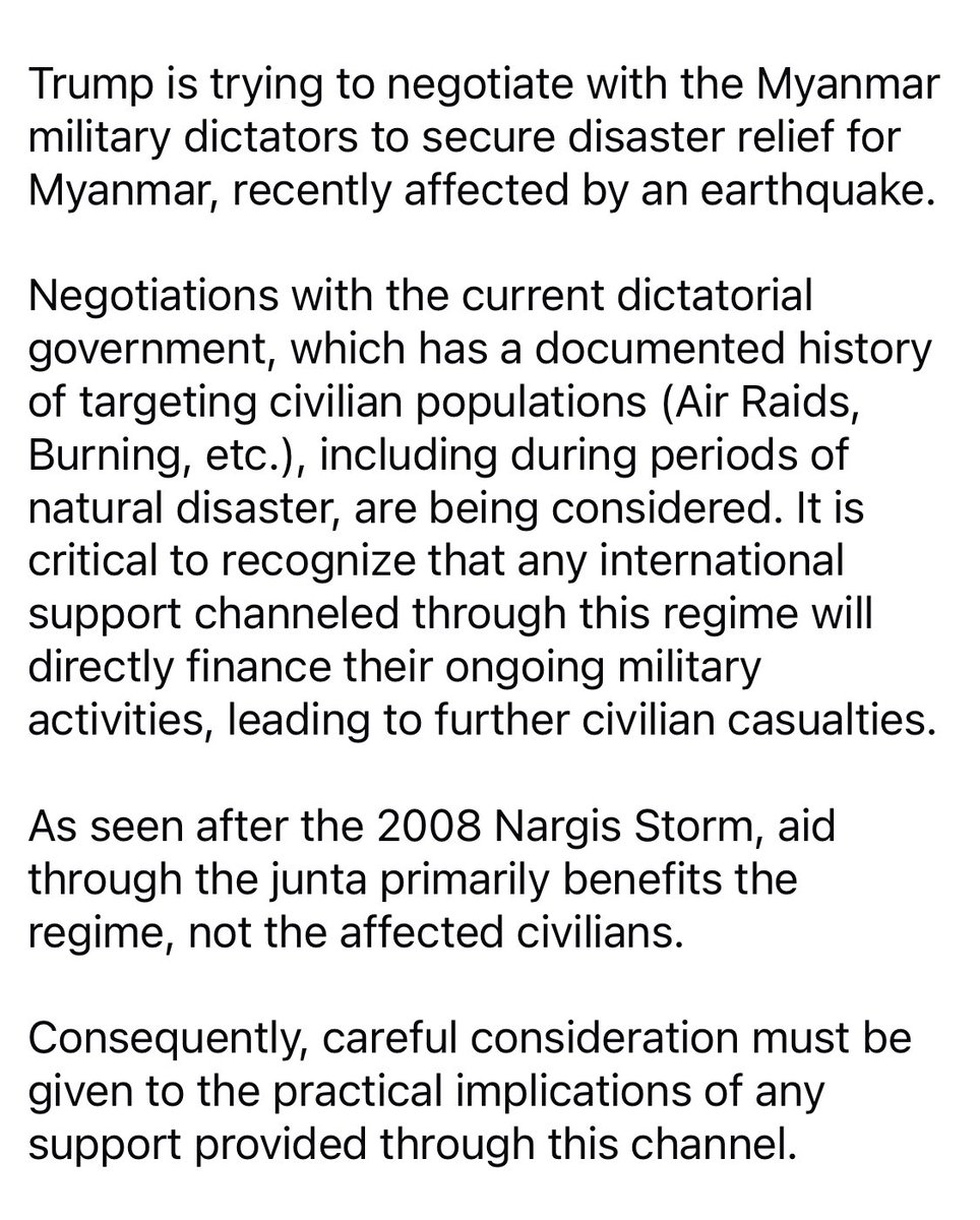 #Trump should negotiate with the <a href="/NUGMyanmar/">National Unity Government Myanmar</a> (National Unity Government), the legitimate government elected by the people of #Myanmar . 

#WhatsHappeningInMyanmar 
#MyanmarEarthquake 
#earthquake 
#2025Mar29Coup
