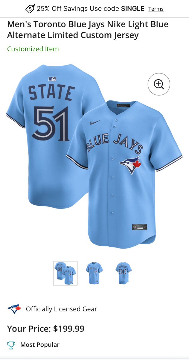 CDoublelPA's tweet photo. Ordered new Blue Jays jersey. Use code “SINGLE” for 25 percent off at @OfficialMLBShop 

#51stState
#MAGA
#BlameCanada #EffCanada
#Orioles #LetsGoOs

🇺🇸 https://t.co/oVKO0EcJ44