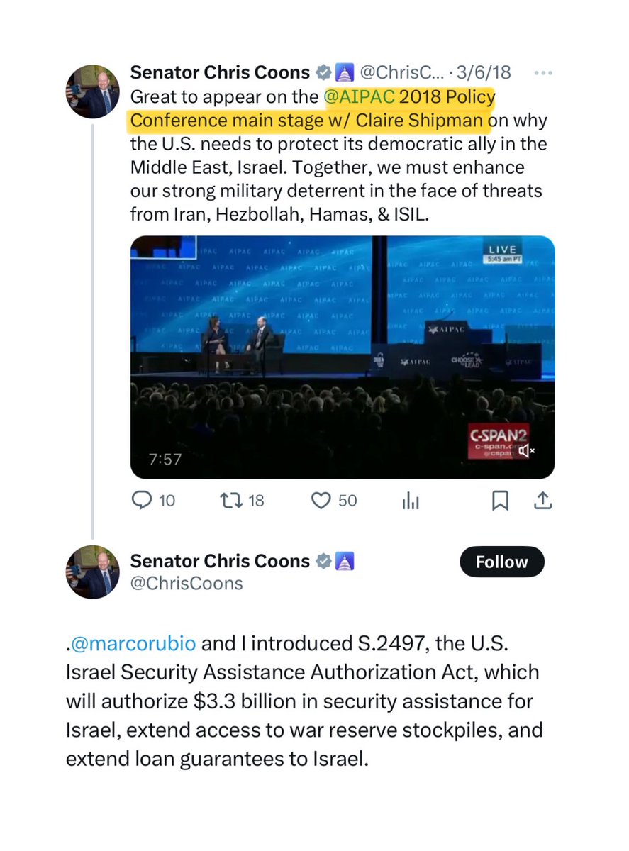Columbia University’s Board of Trustee co-chair and new Acting President Claire Shipman appeared on stage at AIPAC’s 2018 conference.

(And look who Sen. Coons — who appeared with Shipman — led a bill with to send more aid to Israel):