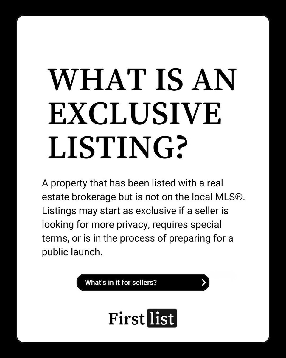 firstlistco's tweet image. 📢 Curious about an Exclusive Listing? It’s when a home is contracted with a real estate agency but isn’t posted on the MLS®. Ideal for those who value discretion or need extra time before going public. #RealEstate #HomeSelling