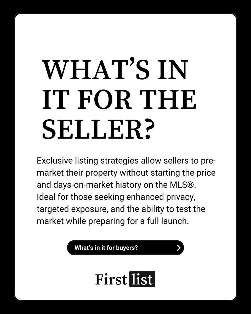 firstlistco's tweet image. 📢 Curious about an Exclusive Listing? It’s when a home is contracted with a real estate agency but isn’t posted on the MLS®. Ideal for those who value discretion or need extra time before going public. #RealEstate #HomeSelling