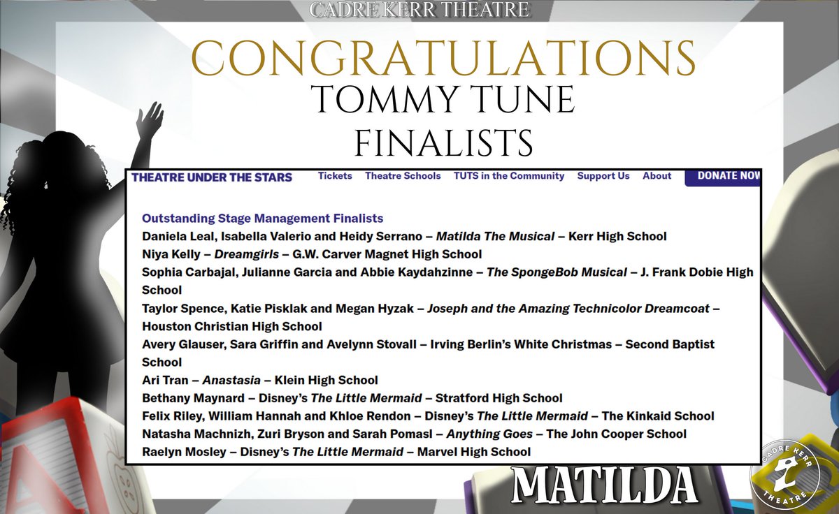 Cadre Kerr Theatre (@cadrekerr) on Twitter photo Congratulations to our amazing cast and crew of MATILDA- Earned Tommy Tune Finalist awards for OUTSTANDING ENSEMBLE, OUTSTANDING TECHNICAL ACHIEVEMENT, and STAGE MANAGEMENT! <a href="/Aliefproud/">Alief Proud</a> <a href="/AliefKerr/">Kerr High School</a> <a href="/AliefFineArts/">Alief ISD Fine Arts</a> <a href="/AliefISD/">Alief ISD</a> Congratulations to our amazing cast and crew of MATILDA- Earned Tommy Tune Finalist awards for OUTSTANDING ENSEMBLE, OUTSTANDING TECHNICAL ACHIEVEMENT, and STAGE MANAGEMENT! <a href="/Aliefproud/">Alief Proud</a> <a href="/AliefKerr/">Kerr High School</a> <a href="/AliefFineArts/">Alief ISD Fine Arts</a> <a href="/AliefISD/">Alief ISD</a>