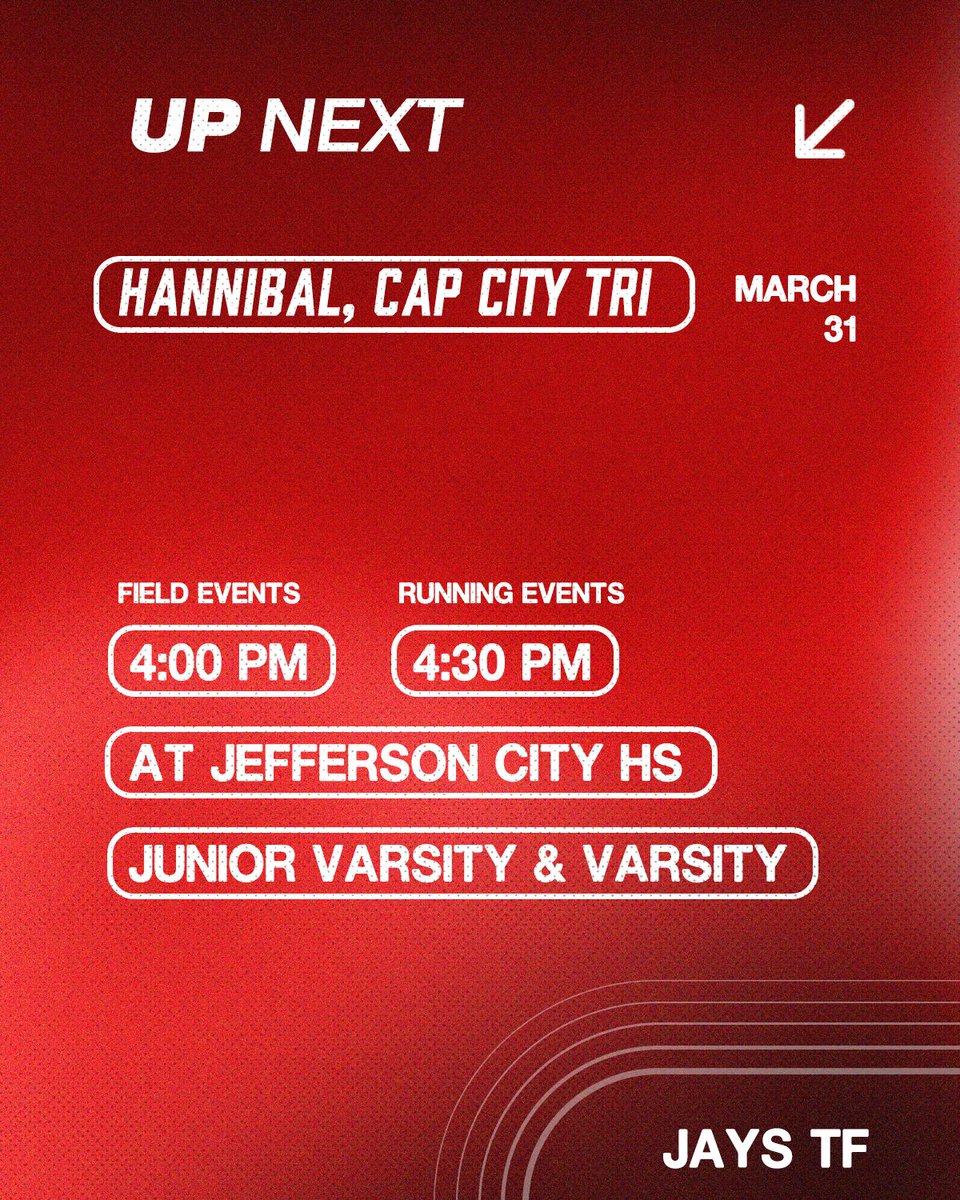 Up next: Hannibal/ CAP City Tri-meet hosted at Atkins stadium! #jaypride #flyjaysfly #ladyjays #JaysTFXC