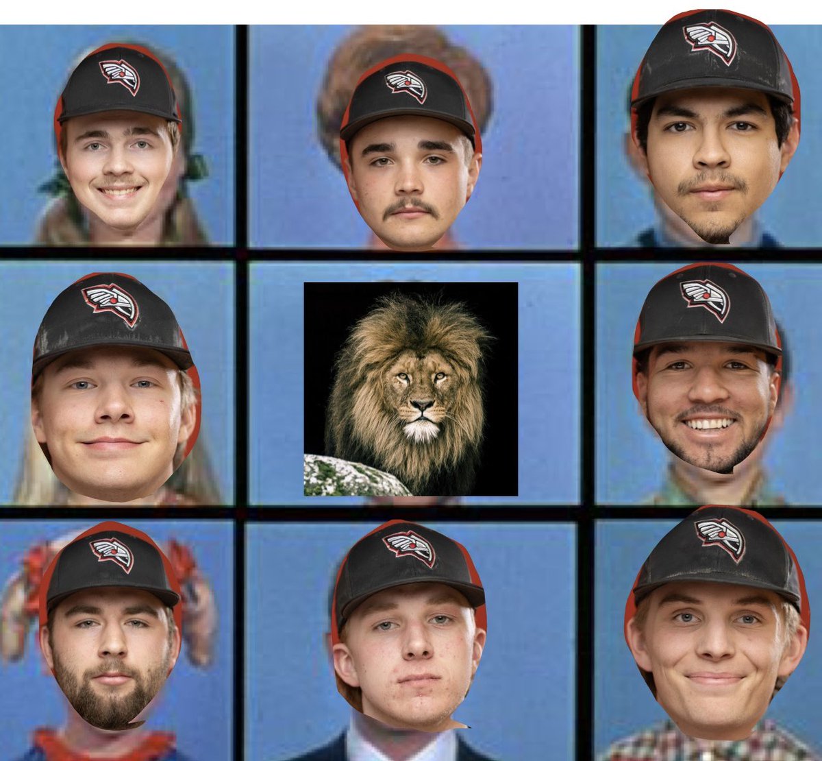 We forgot the lion shirt at home, so we are giving out weekend lions via the Brady Bunch grid. Guaranteed none of these guys knows what the Brady Bunch even is, but it gives me something to do on the bus.
In no particular order whatsoever. <a href="/ATCCBaseball/">Alexandria College Legends Baseball</a> 
Blake Melsa gets hot on a