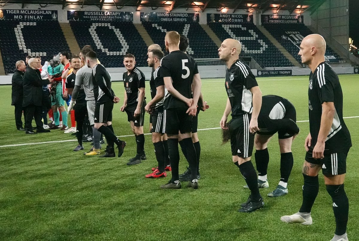 Steins Thistle &amp; Sandys, Match Officials and Presentation Line-Up prior to Friday evening’s Only Sport East of Scotland Amateur Cup Final at Falkirk Stadium.
Pictures courtesy of Gerry Moore (Stirling &amp; District AFA).