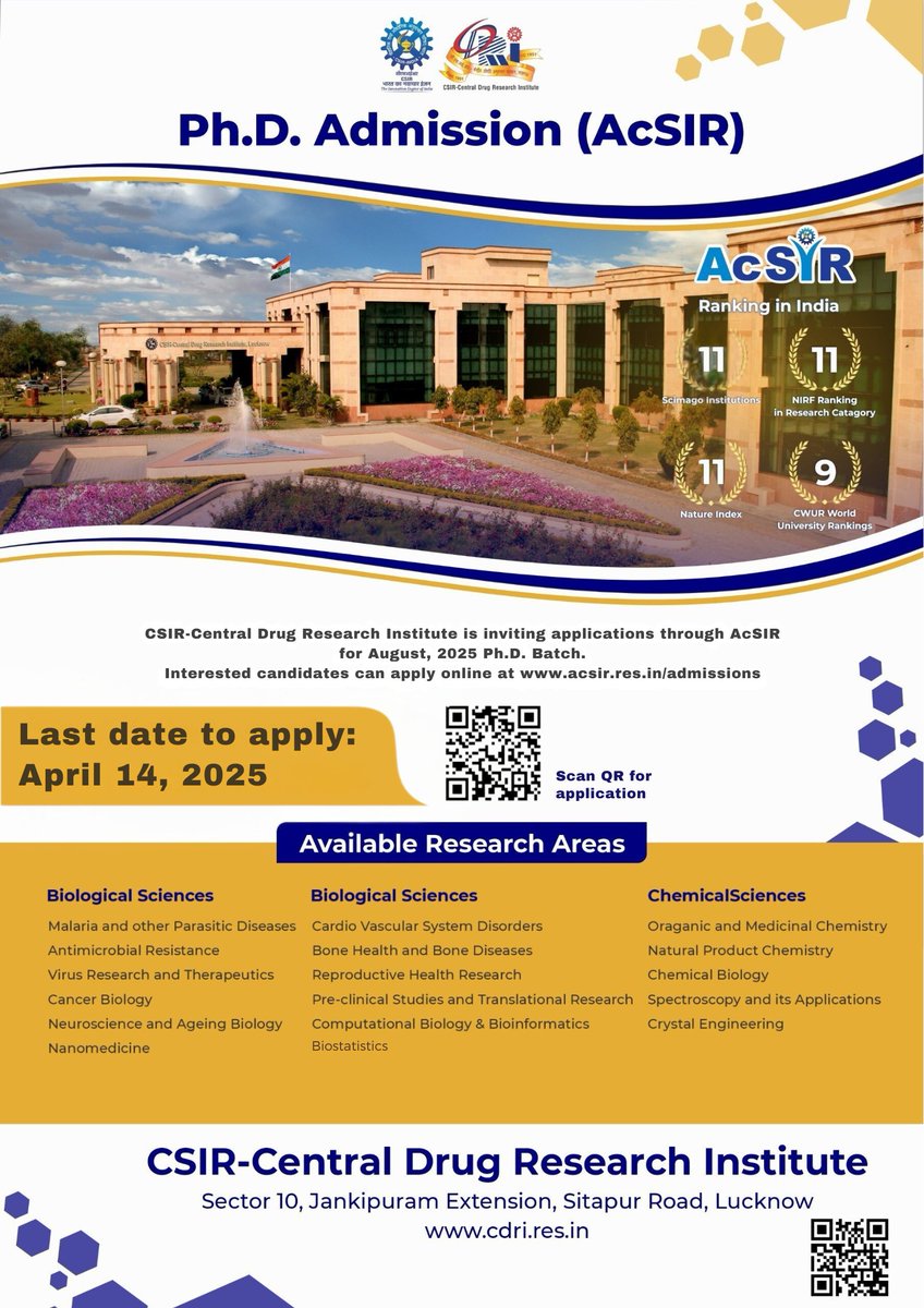 CDRI-Academy and Research (@cdriacademy) on Twitter photo Join <a href="/CSIR_CDRI/">CSIR-CDRI</a> this August! We welcome candidates with valid fellowships to explore chemistry & life sciences. Apply through AcSIR by April 14. <a href="/JNU_official_50/">Jawaharlal Nehru University (JNU)</a> <a href="/UnivofDelhi/">University of Delhi</a> <a href="/Uni_Mumbai/">University of Mumbai</a> <a href="/IISERPune/">IISER Pune</a> <a href="/niser_official/">NISER</a> <a href="/MAHE_Manipal/">Manipal Academy of Higher Education</a> <a href="/NIPER_SAS_NAGAR/">NIPER SAS Nagar (Mohali)</a> <a href="/MalleswaraLab/">MalleswaraGroup</a> <a href="/ChristBangalore/">CHRIST</a> Join <a href="/CSIR_CDRI/">CSIR-CDRI</a> this August! We welcome candidates with valid fellowships to explore chemistry & life sciences. Apply through AcSIR by April 14. <a href="/JNU_official_50/">Jawaharlal Nehru University (JNU)</a> <a href="/UnivofDelhi/">University of Delhi</a> <a href="/Uni_Mumbai/">University of Mumbai</a> <a href="/IISERPune/">IISER Pune</a> <a href="/niser_official/">NISER</a> <a href="/MAHE_Manipal/">Manipal Academy of Higher Education</a> <a href="/NIPER_SAS_NAGAR/">NIPER SAS Nagar (Mohali)</a> <a href="/MalleswaraLab/">MalleswaraGroup</a> <a href="/ChristBangalore/">CHRIST</a>