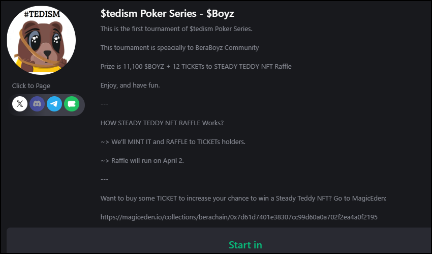 We are running $tedism Poker Series in the LAST week WITHOUT Steady Teddy NFT.

🏆 $tedism tournament Prizes 
💵11,100 $BOYZ from <a href="/BeraBoyzGG/">BERABOYZ 🐻⛓️</a> 
💴 12 TICKETs to STEADY TEDDY NFT Raffle

1⃣ Register Now: 
app.lepoker.io/m/RFHycv1

2⃣ Join in our TG Group to be updated