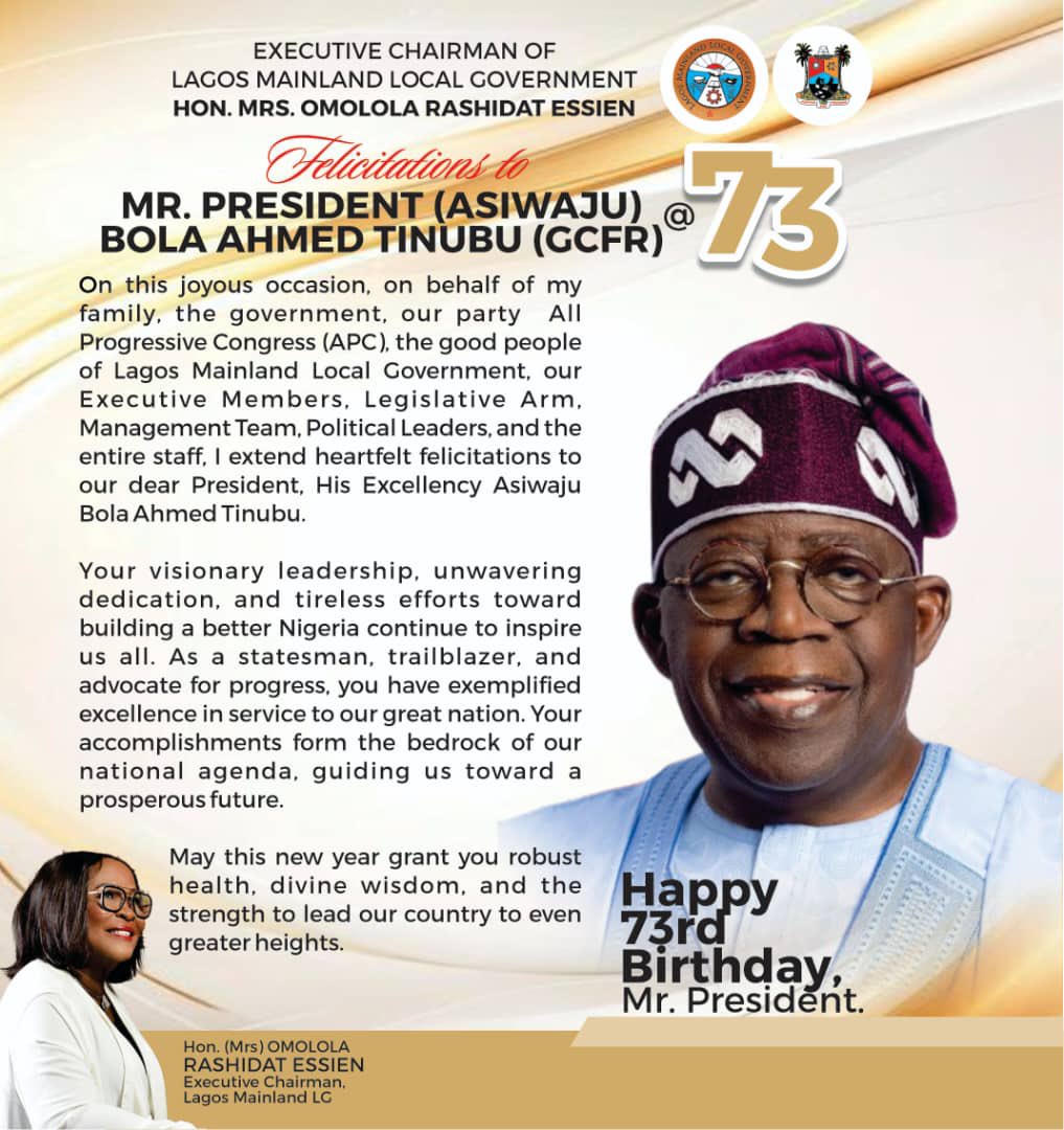 I extend my heartfelt felicitations to our dear President, His Excellency Asiwaju Bola Ahmed Tinubu (GCFR), <a href="/officialABAT/">Bola Ahmed Tinubu</a>, on his 73rd birthday.