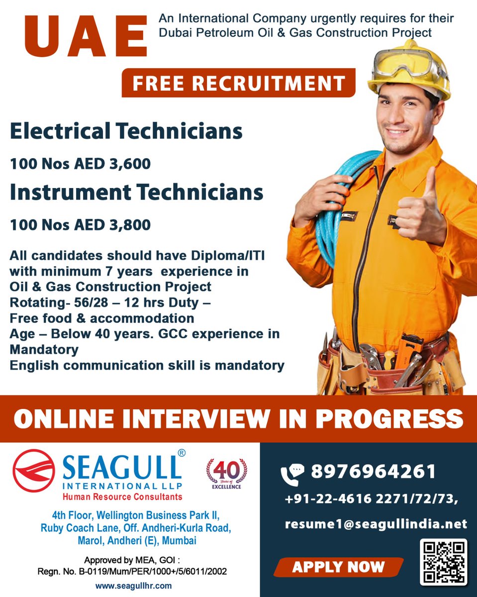 hrd1_seagull's tweet image. 🇦🇪UAE Jobs 
💻Online Interview In Progress
📍Location - Mumbai
 .

.

.
#uaejobs #seagull #electricaltechnicians #instrumenttechnician