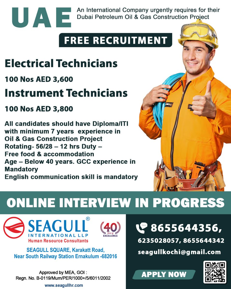 hrd1_seagull's tweet image. 🇦🇪UAE Jobs 
💻Online Interview In Progress
📍Location - Kochi
 .

.

.
#uaejobs #seagull #electricaltechnicians #instrumenttechnician