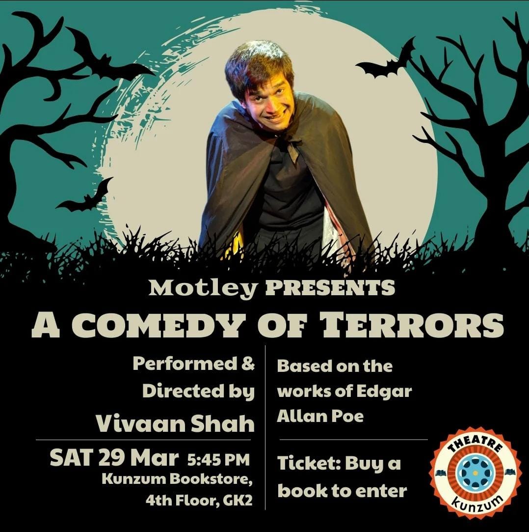 **LAST MINUTE SHOUT-OUT**

Vivaan Shah, actor and son of Naseeruddin Shah, will be performing LIVE at Kunzum GK2. TODAY - Saturday, March 29. 

A 50-minute one-man show featuring a poem and a short story by Edgar Allan Poe. 

Get your tickets at kunzum.shop/products/vivaan