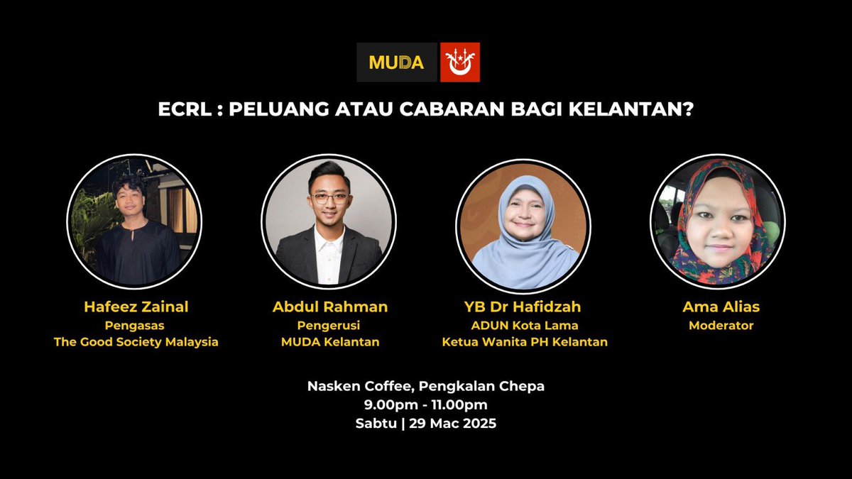 Malam ini, MUDA Kelantan menganjurkan forum berkenaan pemerkasaan wanita dalam kepimpinan dan diskusi mengenai kesediaan negeri Kelantan terhadap projek infrastruktur mega ECRL yang dijangka akan siap sepenuhnya pada Julai tahun ini.