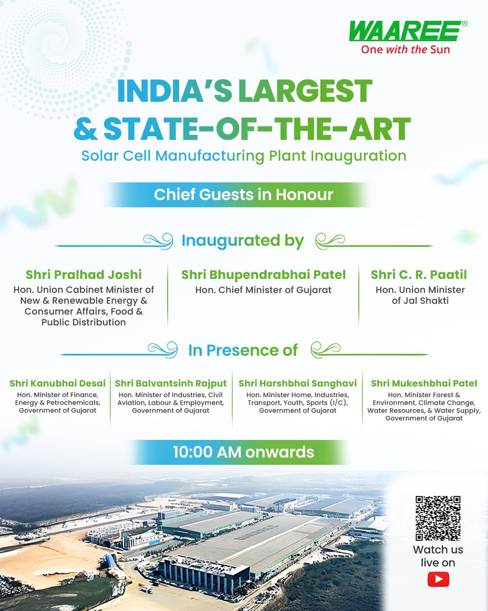 Waaree Group (@waareegroup) on Twitter photo We are thrilled to announce the grand inauguration of the nation's largest state-of-the-art #Solarcell manufacturing facility. Watch Live: youtube.com/live/s1sSdCSF3ā¦ā¦
<a href="/JoshiPralhad/">Pralhad Joshi</a>
<a href="/Bhupendrapbjp/">Bhupendra Patel</a>
<a href="/CRPaatil/">C R Paatil</a>
<a href="/KanuDesai180/">Kanu Desai</a>
<a href="/Balwantsinh99/">Balvantsinh Rajput</a>
<a href="/sanghaviharsh/">Harsh Sanghavi</a>
<a href="/mukeshpatelmla/">Mukesh Patel</a> We are thrilled to announce the grand inauguration of the nation's largest state-of-the-art #Solarcell manufacturing facility. Watch Live: youtube.com/live/s1sSdCSF3ā¦ā¦
<a href="/JoshiPralhad/">Pralhad Joshi</a>
<a href="/Bhupendrapbjp/">Bhupendra Patel</a>
<a href="/CRPaatil/">C R Paatil</a>
<a href="/KanuDesai180/">Kanu Desai</a>
<a href="/Balwantsinh99/">Balvantsinh Rajput</a>
<a href="/sanghaviharsh/">Harsh Sanghavi</a>
<a href="/mukeshpatelmla/">Mukesh Patel</a>