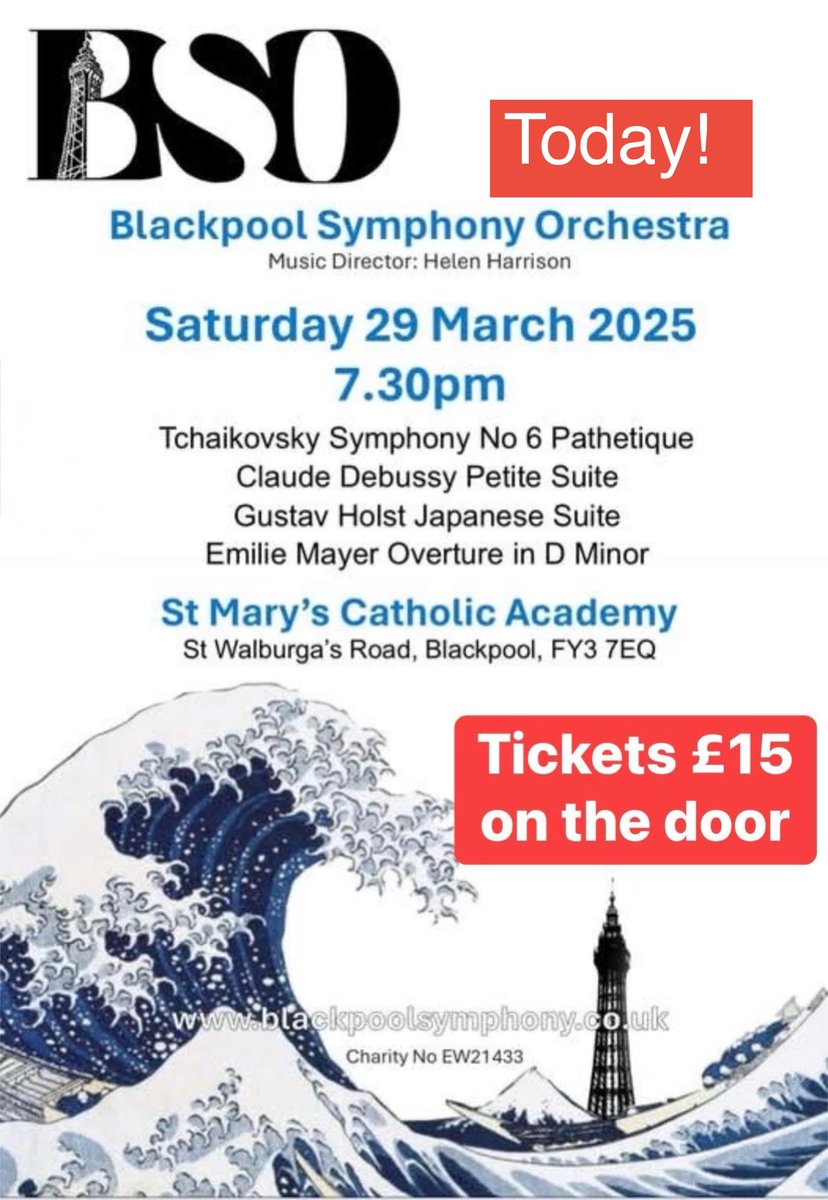 It’s today! Tickets £15 on the door. 
7.30pm St Mary’s Catholic Academy
St. Walburga’s Road, Blackpool, FY3 7EQ
Helen Harrison Conductor