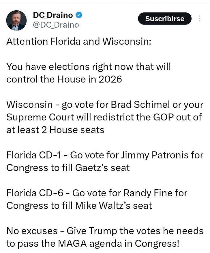 Special elections: 

Wisconsin: BRAD SCHIMEL

Florida CD 1: Jimmy Patronis

Florida CD 6: Randy Fine

We worked so hard to get President Trump elected— he needs the A team— 
GO VOTE WISCONSIN &amp; FLORIDA‼️