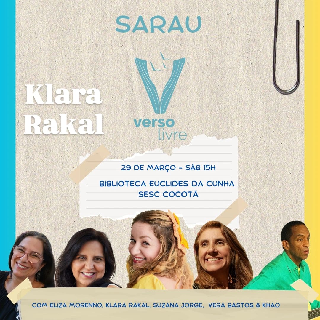 LivroCarioca's tweet photo. Neste sábado, 29/03, às 15h, na Biblioteca Euclides da Cunha / Sesc Cocotá, Klara Rakal apresenta Sarau V Versos Livre, com Eliza Morenno, Klara Rakal, Suzana Jorge, Vera Bastos e Khao. https://t.co/Gv88YHlMeo