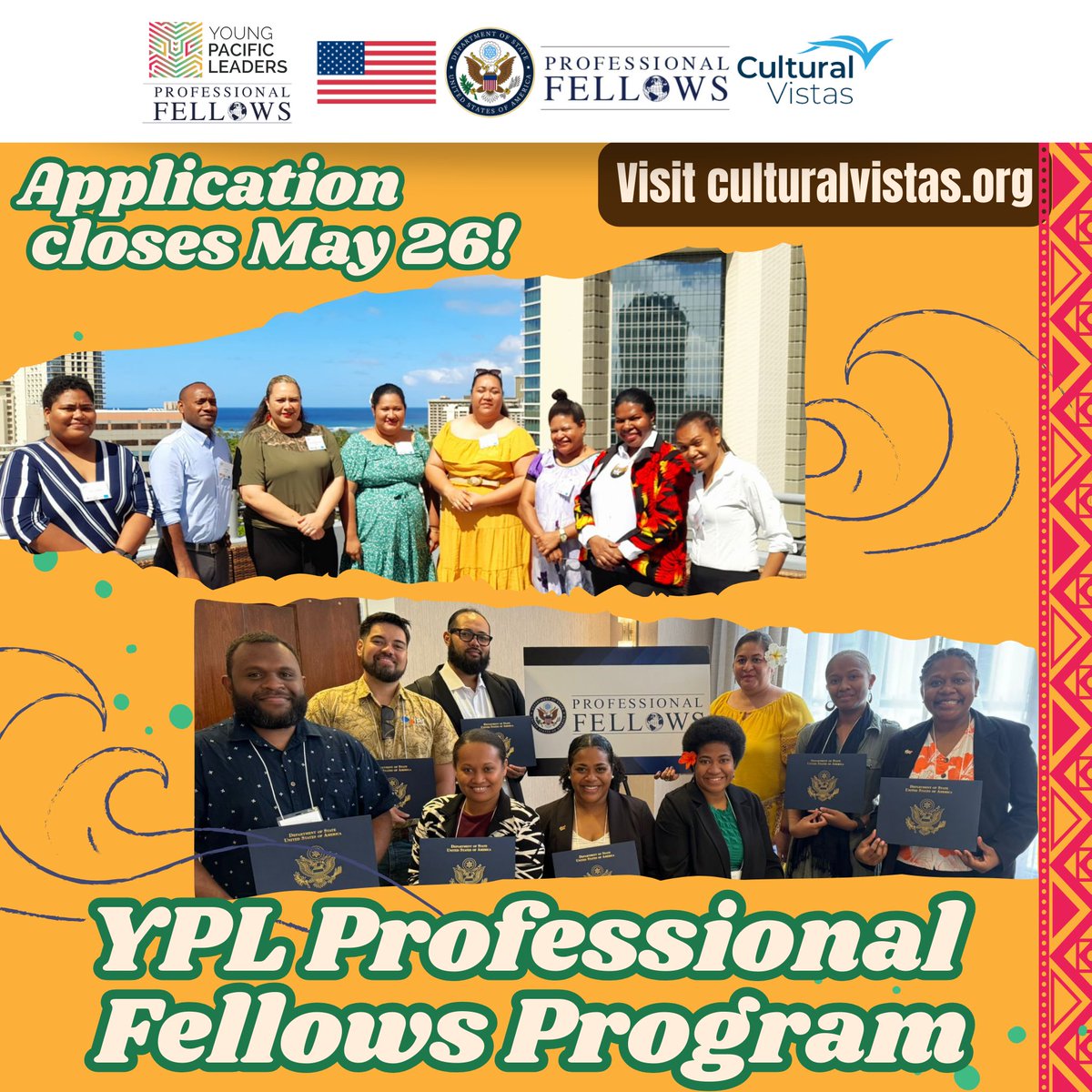 USEmbassySuva's tweet photo. The YPL Professional Fellows Program is NOW ACCEPTING APPLICATIONS! Apply today and represent your home country in the prestigious Professional Fellows Program Network. Find out more at https://t.co/0mrmuyjSrx  

#YPLProfessionalFellowsProgram #YPLPFP #ProFellows https://t.co/Xio97XTw41