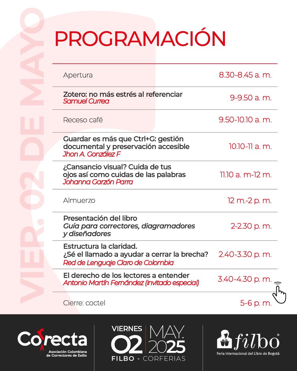 colcorrecta's tweet photo. ¡No te pierdas el 6.º Encuentro Nacional de Correctores! 🔎

🗓️ 02 de mayo de 2025 
📍 FILBo Corferias

Un espacio para crecer, conectar y perfeccionar tu oficio. ¡Consulta la programación completa e inscríbete ahora a través de este link! https://t.co/5oF664RWqB https://t.co/TXHJpaLxm2
