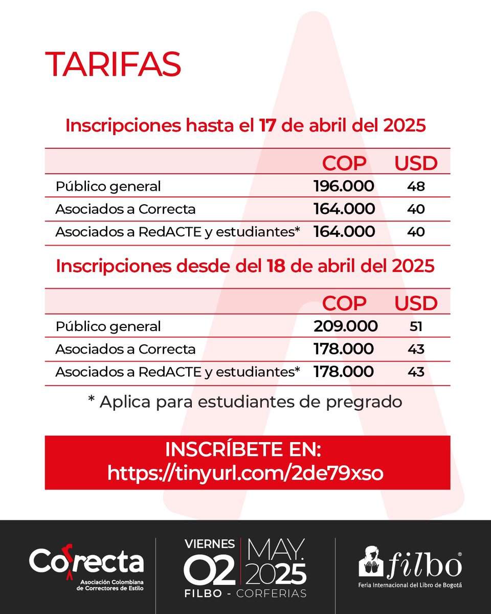 ¡No te pierdas el 6.º Encuentro Nacional de Correctores! 🔎

🗓️ 02 de mayo de 2025 
📍 FILBo Corferias

Un espacio para crecer, conectar y perfeccionar tu oficio. ¡Consulta la programación completa e inscríbete ahora a través de este link! docs.google.com/forms/d/e/1FAI…