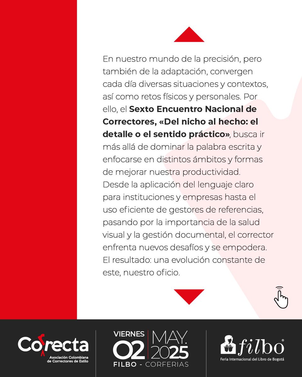 colcorrecta's tweet photo. ¡No te pierdas el 6.º Encuentro Nacional de Correctores! 🔎

🗓️ 02 de mayo de 2025 
📍 FILBo Corferias

Un espacio para crecer, conectar y perfeccionar tu oficio. ¡Consulta la programación completa e inscríbete ahora a través de este link! https://t.co/5oF664RWqB https://t.co/TXHJpaLxm2